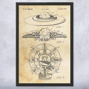 Flying Saucer UFO Patent Wall Art | Poster, Canvas or Framed | Sci-fi Gift, UFO Wall Art, Alien Spacecraft, Area 51 Art, Nerd Geek Gift