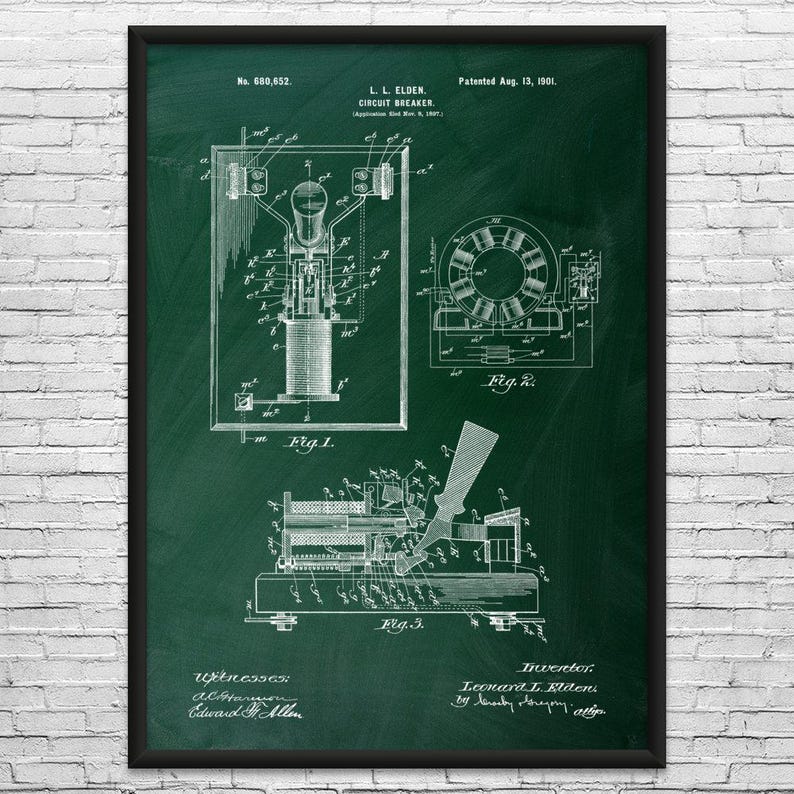 Circuit Breaker Patent Art Print: Electrician Gift, Science Decor Green Chalkboard