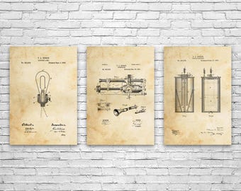 Thomas Edison Patent Wall Art Set of 3: Lightbulb Blueprint, Engineer Gift