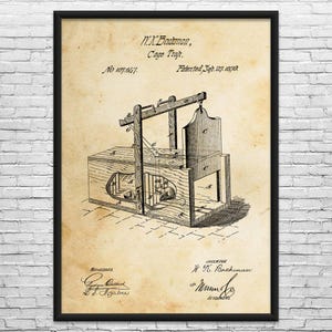 May include: A framed vintage print of a cage trap patent drawing. The sepia-toned illustration features detailed technical drawings, including the inventor's name, patent number, and date. The text reads "W.K. Bachman, Cage Trap, Patented Sep. 27, 1870."