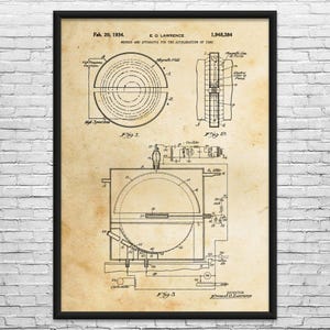 May include: A framed vintage patent print featuring technical diagrams and schematics. The print, dated February 20, 1934, showcases detailed illustrations of scientific apparatus, including circular and linear designs. The print is in black and white.