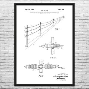 Power Lines Patent Art Print: Journeyman Gift, Powerline Tech Black & White
