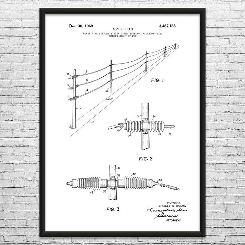 Power Lines Patent Art Print: Journeyman Gift, Powerline Tech Black & White