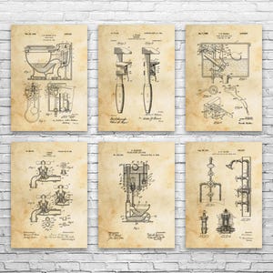 Plumbing Patent Wall Art Set of 6: Contractor Gift, Restroom Wall Art Vintage Paper