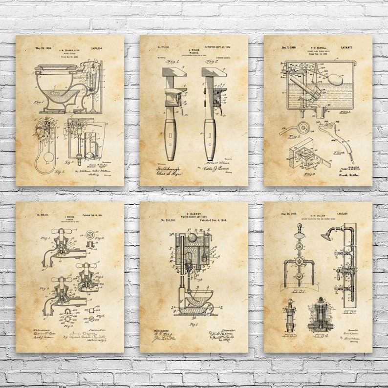 Plumbing Patent Wall Art Set of 6: Contractor Gift, Restroom Wall Art Vintage Paper