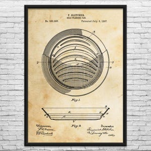 May include: A framed vintage print of a gold washing pan patent illustration. The print features detailed technical drawings, including a top-down view and a side profile. The text includes the inventor's name, patent date, and the title "Gold Washing Pan."