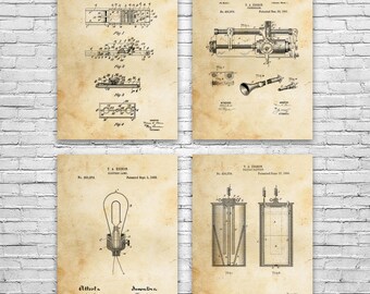 Thomas Edison Inventions Posters Set of 4, Edison Wall Art, Engineer Gift, Battery Wall Art, Battery Design, Science Teacher Gift