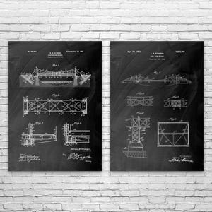 May include: Two framed black and white prints of bridge blueprints. The left print shows the "Suspension Bridge" design, and the right print shows a different bridge design. Both prints have detailed technical drawings.