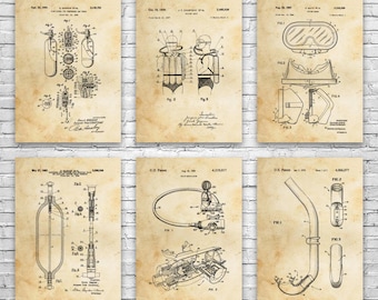 Scuba Diving Patent Wall Art Set of 6: Swimming Gifts, Diving Art