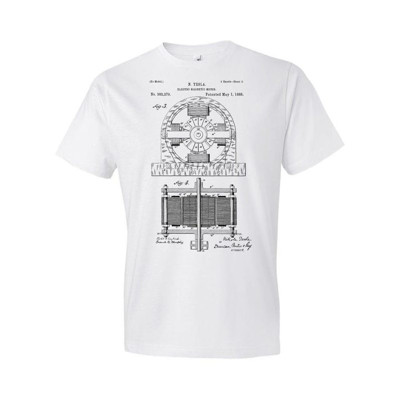 Nikola Tesla Electromagnetic Motor Patent T-Shirt: Nikola Tesla Tee, Technology Gift White