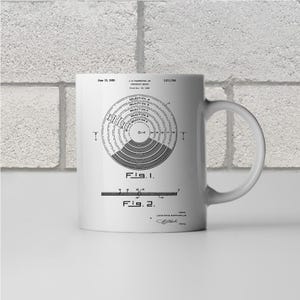 May include: White ceramic mug with a black and white illustration of a patent drawing for a record player. The drawing includes the text "Fig. 1." and "Fig. 2."