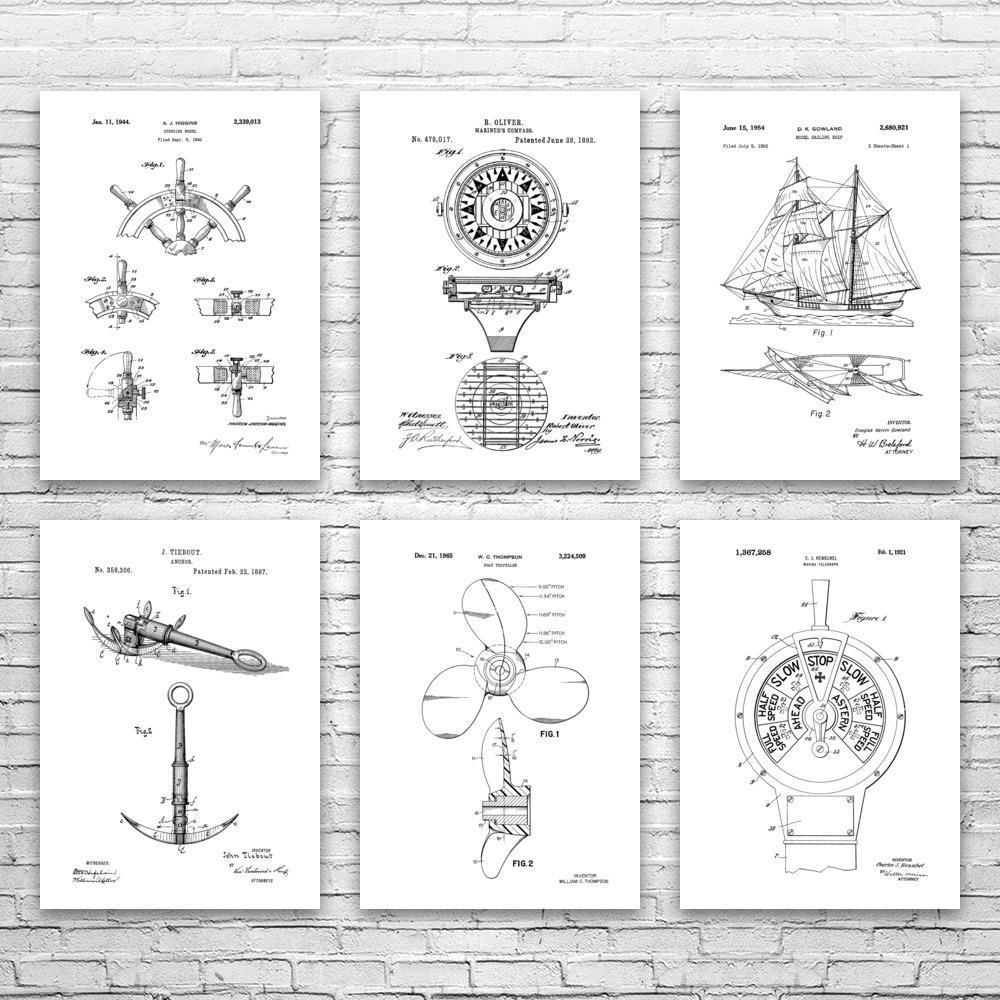 Nautical Patent Wall Art Set of 6: Sailing Gift, Boating Art - Etsy