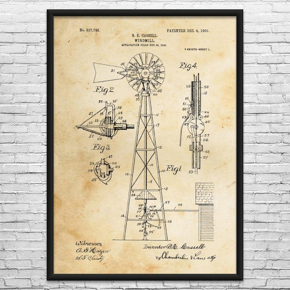 Windmill Patent Art Print: Farmer Gift, Wind Farm Art