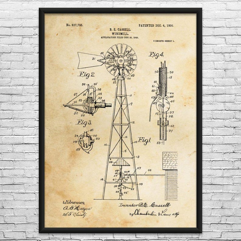 Lámina artística con patente de molino de viento: Regalo para agricultores, Arte para parques eólicos Vintage Paper