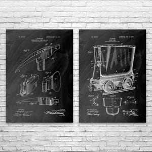 May include: Two framed black and white patent prints. One shows a detailed diagram of a mining tool, and the other depicts a mine car. Both prints have a chalkboard-like background and are mounted on a white brick wall.