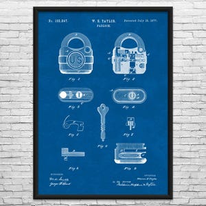 Padlock Patent Art Print: Locksmith Gift, Workshop Decor Blueprint
