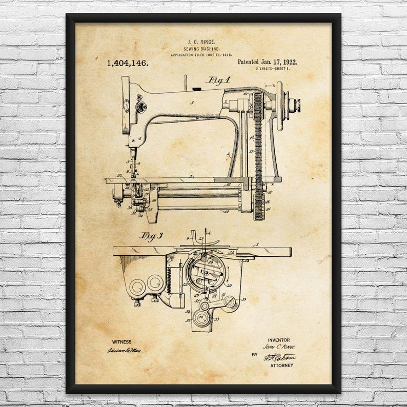 Sewing Machine Patent Art Print: Seamstress, Tailor Gifts Vintage Paper