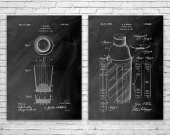 Bar Patent Prints Set van 2, Home Bar Art, Barman Gift, Pub Decor, Shot Glass Blueprint, Whiskey Lover Gift, Tequila Wall Art, Wet Bar Art