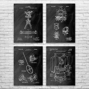 Surveying Patent Wall Art Set of 4 | Poster, Canvas or Framed | Surveyor Gift, Civil Engineering, Engineer Gift, Theodolite Blueprint