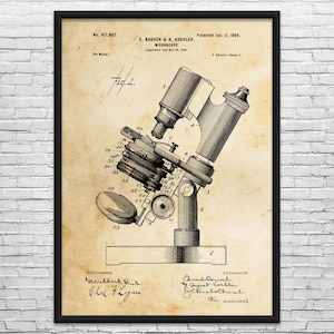 May include: Black framed vintage print of a microscope patent illustration. The drawing is in black ink on a tan background, with detailed labels and the names of the inventors and witnesses.