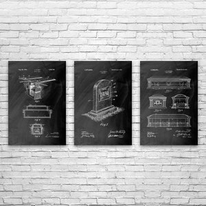 Funeral Home Posters Set of 3, Cemetary Decor, Graveyard Art, Mortician Gift, Funeral Home Art, Coffin Blueprint, Embalming Room Art