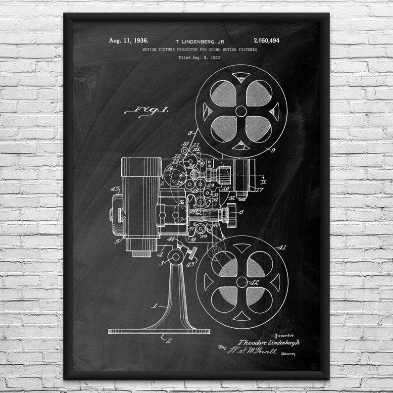 Film Projector Patent Art Print: Actor Gift, Filmmaker Black Chalkboard