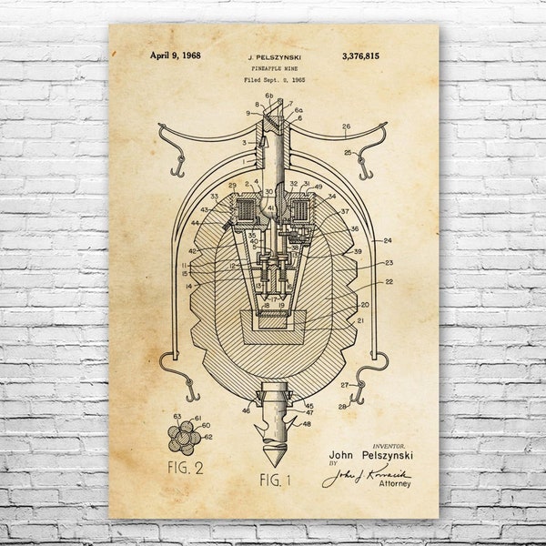 Pineapple Mine Poster Print, EOD Technician, Bomb Squad Art, Mine Blueprint, Marine Gift, Military Wall Art, Veteran Gift, Police SWAT Team