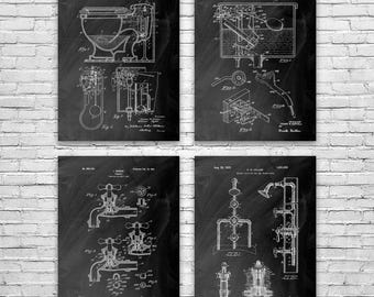 Plumbing Patent Wall Art Set of 4: Contractor Gift, Restroom Wall Art