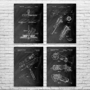 May include: Four framed patent prints on a black chalkboard background. The prints feature detailed technical drawings of tools, including a welding device and a grinder. The prints are in white against a dark background.