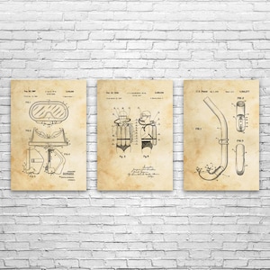 Scuba Diving Patent Wall Art Set of 3 | Poster, Canvas or Framed | Swimming Gifts, Diving Art, Teacher Gifts, Man Cave Decor, Gifts For Men