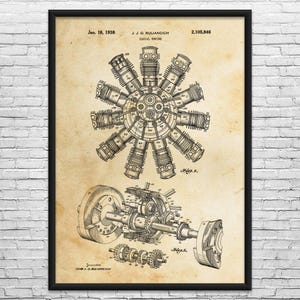 May include: Framed vintage blueprint of a radial engine, dated January 18, 1938, with the name J.J.O. Ruliancich. The diagram shows detailed mechanical components, including cylinders and gears, in a sepia-toned print.