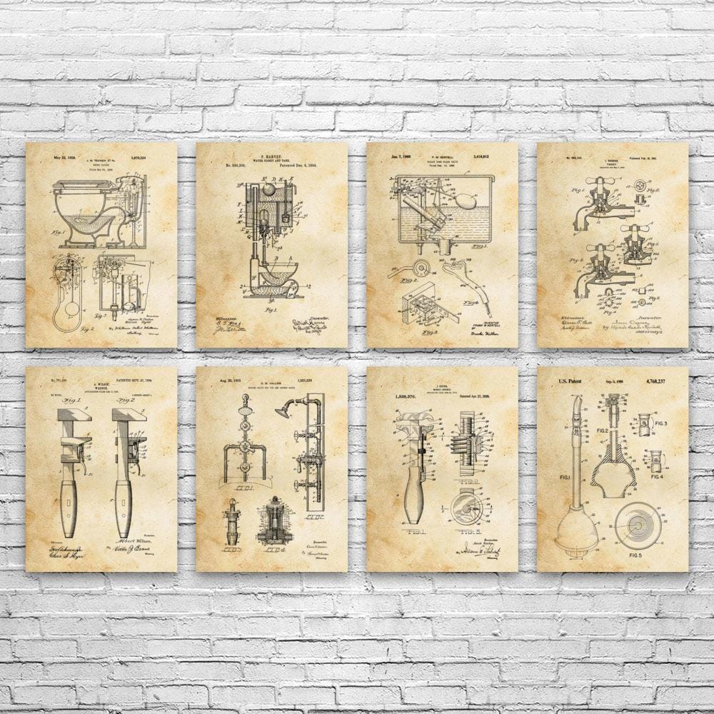 Plumbing Patent Wall Art Set of 8 | Poster, Canvas or Framed | Custodian Gift, Bathroom Decor, Plumber Gift, Plumbing Wall Art, Restroom Art
