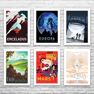 May include: Six framed posters with space-themed designs. The posters feature planets like Enceladus, Europa, Ceres, Earth, Mars, and Venus. Each poster has a unique color palette and graphic style, with text identifying the celestial body.