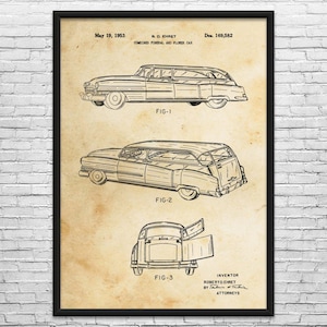 May include: A framed vintage patent print of a combined funeral and flower car, dated May 19, 1953. The print features three detailed line drawings of the vehicle from different angles, with the inventor's name and patent information.