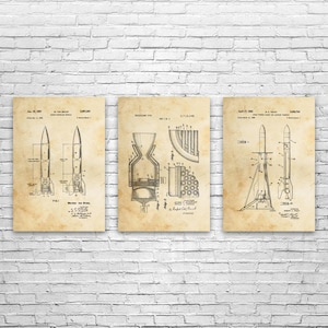 May include: Three vintage-style prints featuring rocket schematics. Each print showcases detailed technical drawings in black ink on a tan background. The prints are arranged in a horizontal row, offering a glimpse into aerospace engineering.