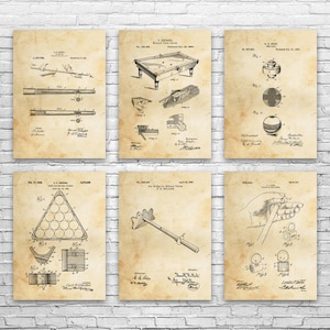 Pool Patent Wall Art Set of 6 | Poster, Canvas or Framed | Billiards Art, Pool Player Gifts, Garage Decor, Dad Gifts, Billiard Room Decor