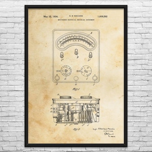 May include: A framed vintage print of a Multirange Electrical Measuring Instrument patent, dated May 22, 1934. The print features detailed technical drawings of the instrument's components, including dials, gauges, and internal mechanisms. The print is in black and white.