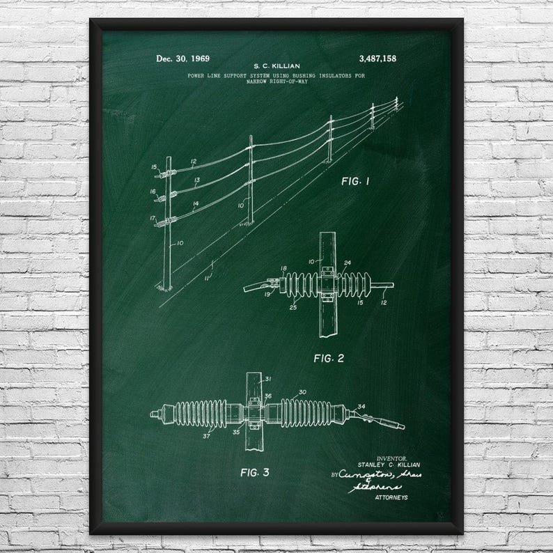 Power Lines Patent Art Print: Journeyman Gift, Powerline Tech Green Chalkboard
