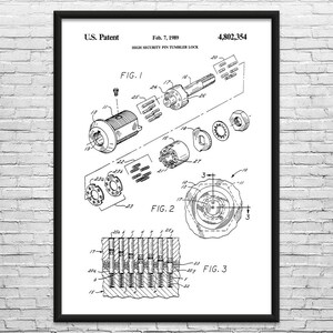 Tubular Lock Patent Art Print: Workshop Decor, Locksmith Gift Black & White