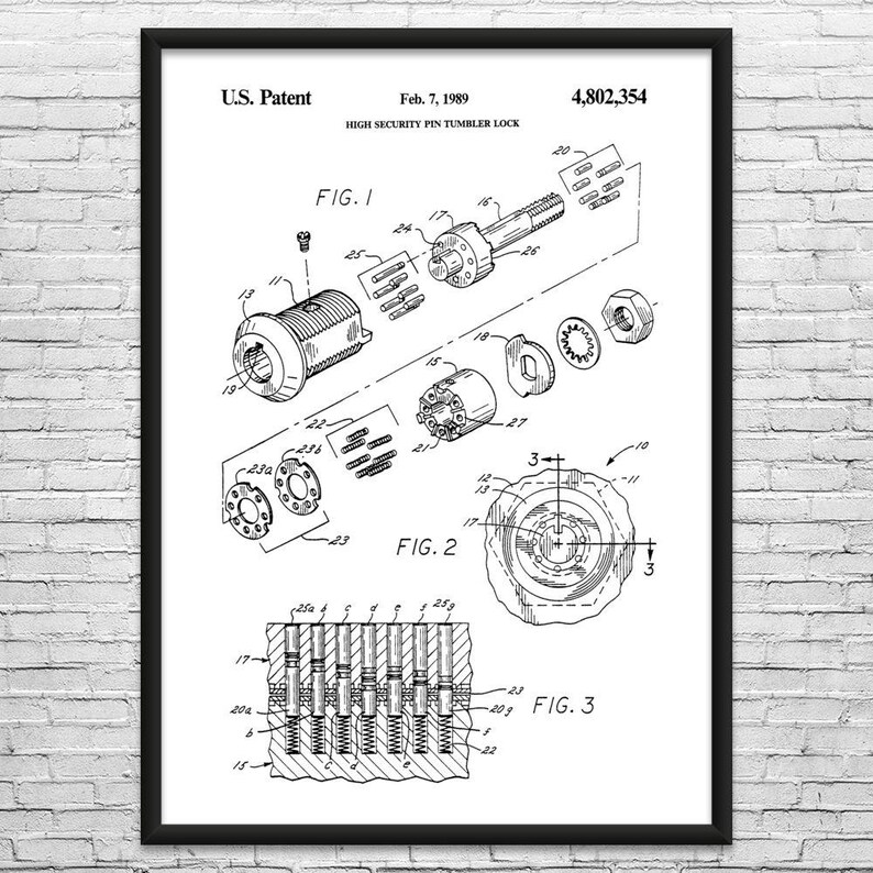 Tubular Lock Patent Art Print: Workshop Decor, Locksmith Gift Black & White