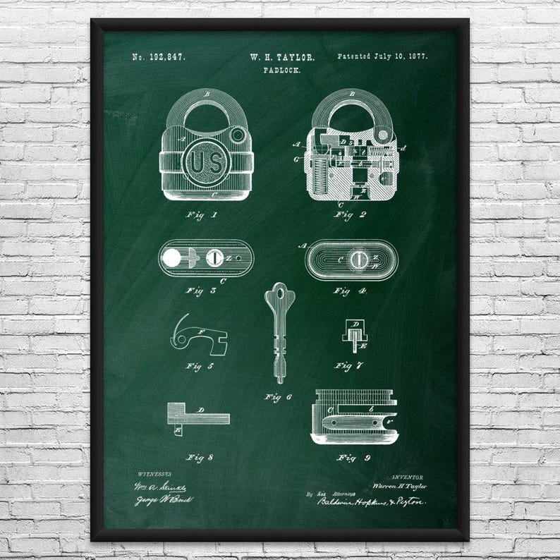Padlock Patent Art Print: Locksmith Gift, Workshop Decor Green Chalkboard