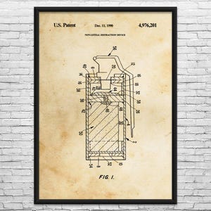 May include: A framed patent illustration of a non-lethal distraction device, dated December 11, 1990. The diagram is in black ink on a tan background, with detailed internal components labeled with numbers. The frame is black.