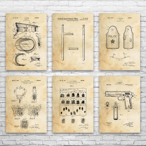 May include: Six vintage-style patent prints on aged paper, depicting various objects. The prints include diagrams of a police baton, a firearm, and other related items. The prints are arranged on a white brick wall.
