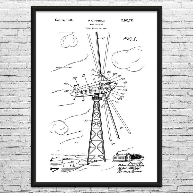 Wind Turbine Patent Art Print: Wind Farm Art, Power Technician Black & White