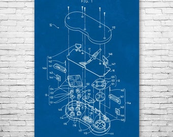 Super SNES Controller Exploded View Poster Print, SNES Wall Art, Controller Blueprint, Video Game Art, Game Designer Gift, Game Room Decor