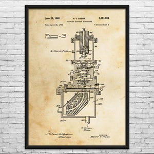 May include: Framed vintage blueprint of a scanning electron microscope, dated June 22, 1965. The diagram features detailed technical drawings with labels and the inventor's name, Albert V. Crewe. The print is in black ink on aged paper.
