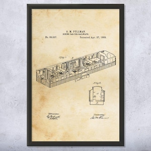 Train Dining Car Patent Wall Art | Poster, Canvas or Framed | Pullman Train Car, Collector Gift, Train Blueprint, Train Station Art