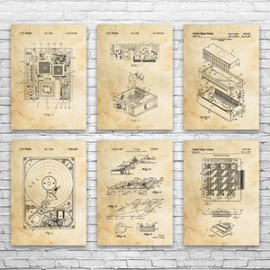 May include: Six vintage-style patent prints featuring computer components. The prints showcase detailed diagrams of a motherboard, a computer case, a hard drive, and other electronic parts. The prints are on aged paper, creating a retro aesthetic.