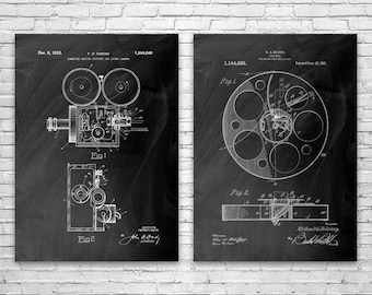 Movie Camera Patent Wall Art Set of 2 | Poster, Canvas or Framed | Hollywood Decor, Actor Gift, Camera Blueprint, Theater Wall Art