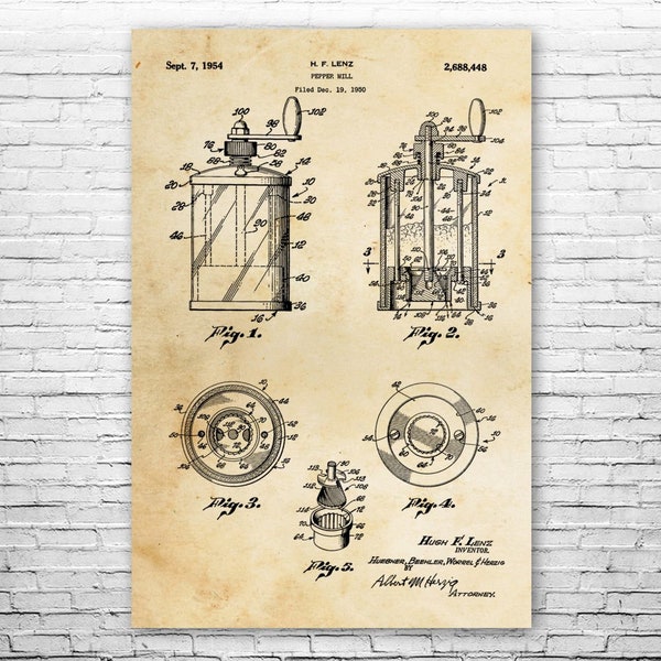 Impression d'affiche de moulin à poivre, décoration de cuisine, cadeau de cuisine, art de café, plan de broyeur, cadeaux culinaires, art mural salle à manger, cadeau de chef, impression brevet